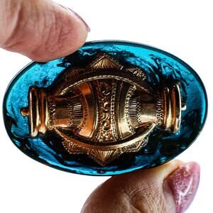 Vintage Blue Moon Bakelite & Goldtone Brooch Greco-Roman Revival Oval Shape